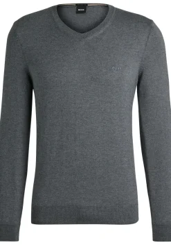 BOSS Baram regular fit trui wol, heren trui middeldik V-hals, middengrijs