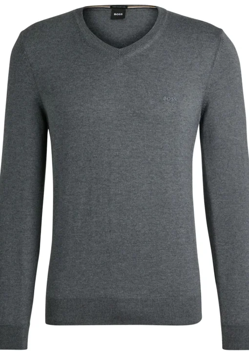 BOSS Baram regular fit trui wol, heren trui middeldik V-hals, middengrijs