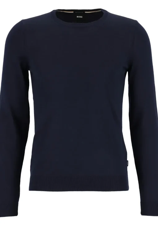 BOSS Leno heren trui wol, slim fit met O-hals, donkerblauw