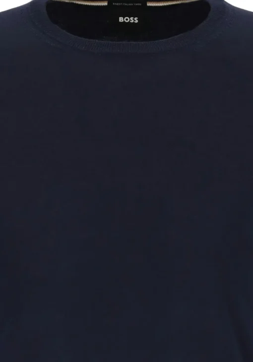 BOSS Leno heren trui wol, slim fit met O-hals, donkerblauw