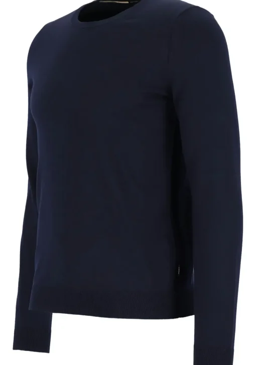 BOSS Leno heren trui wol, slim fit met O-hals, donkerblauw