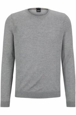 BOSS Leno slim fit trui wol, heren pullover middeldik O-hals, lichtgrijs
