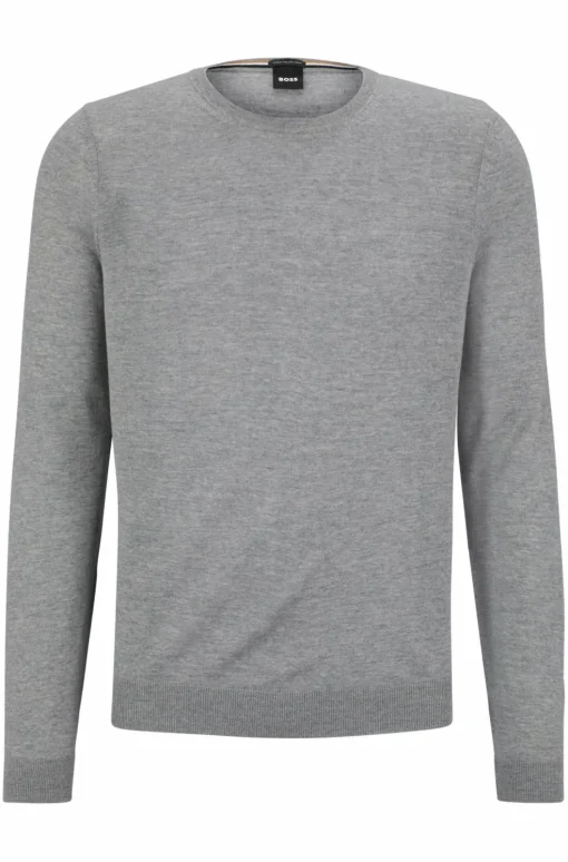 BOSS Leno slim fit trui wol, heren pullover middeldik O-hals, lichtgrijs