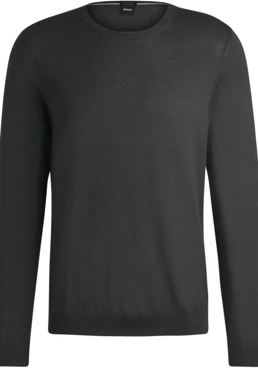 BOSS Leno slim fit trui wol, heren pullover middeldik O-hals, grijs