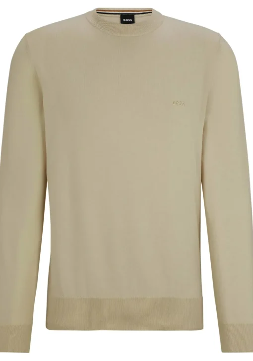 BOSS Pacas regular fit trui katoen, heren trui middeldik O-hals, licht beige