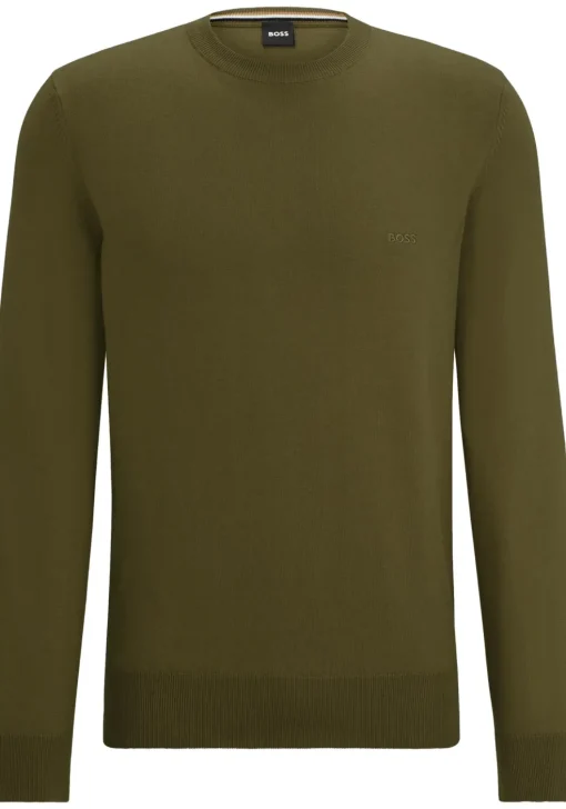 BOSS Pacas regular fit trui katoen, heren trui middeldik O-hals, donker beige