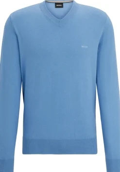 BOSS Pacello regular fit trui katoen, heren trui middeldik V-hals, kobalt blauw