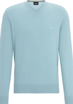 BOSS Pacello regular fit trui katoen, heren trui middeldik V-hals, lichtblauw