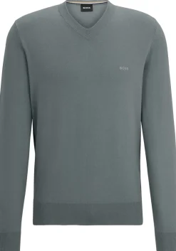 BOSS Pacello regular fit trui katoen, heren trui middeldik V-hals, middengrijs