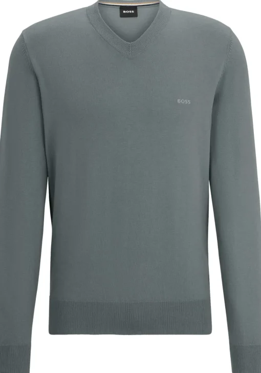 BOSS Pacello regular fit trui katoen, heren trui middeldik V-hals, middengrijs