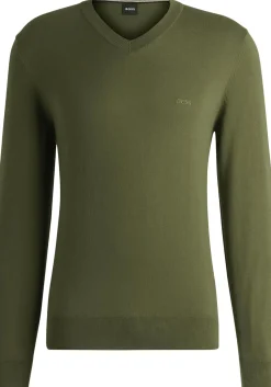 BOSS Pacello regular fit trui katoen, heren trui middeldik V-hals, olijfgroen