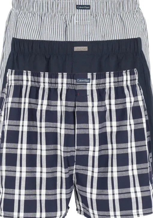 Calvin Klein Woven Boxers (3-pack), wijde heren boxershorts katoen, blauw gestreept en geruit