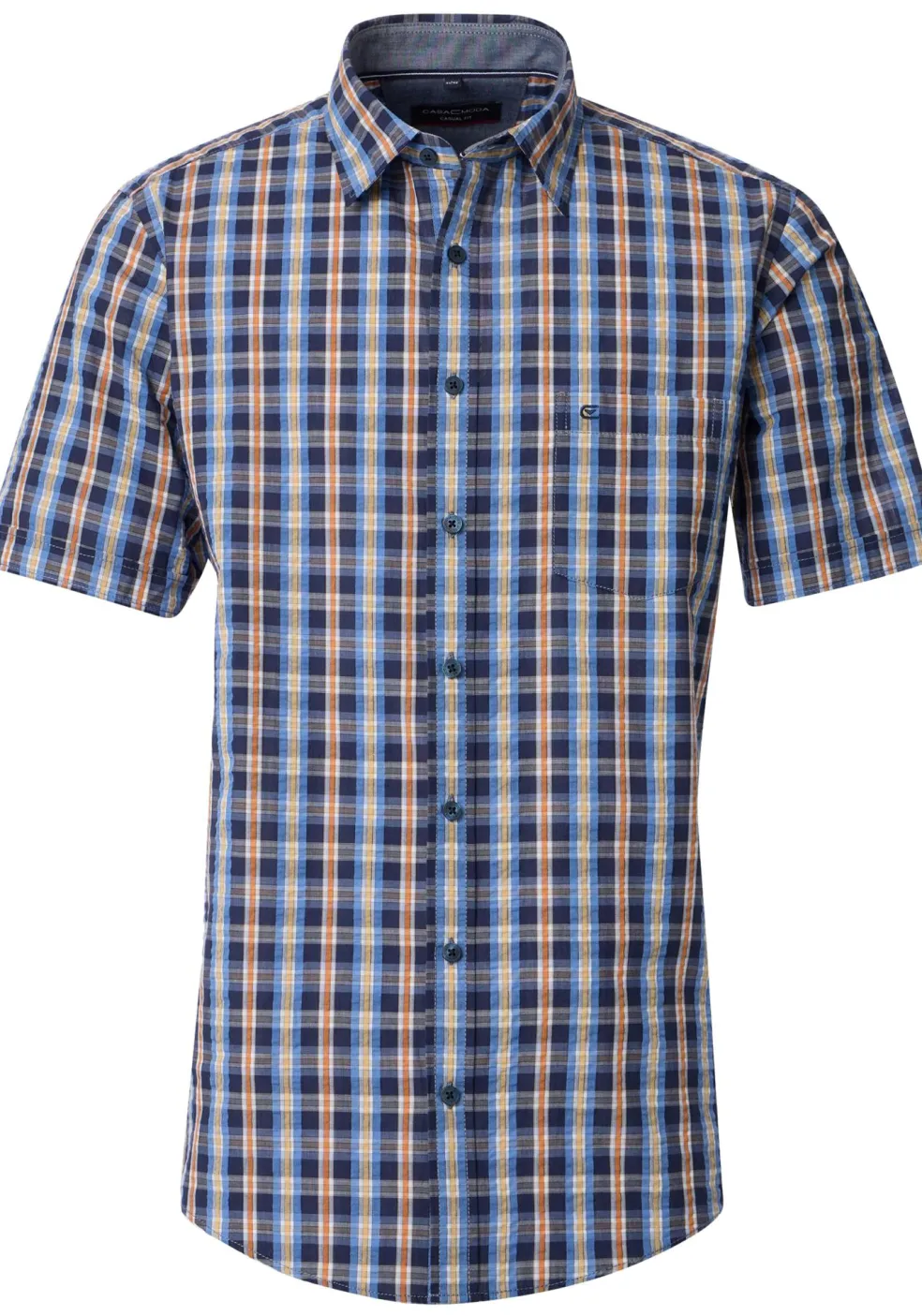 CASA MODA Sport casual fit overhemd, korte mouw, seersucker, blauw met oranje en wit geruit