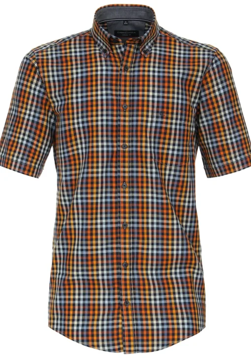CASA MODA Sport casual fit overhemd, korte mouw, dobby, oranje geruit