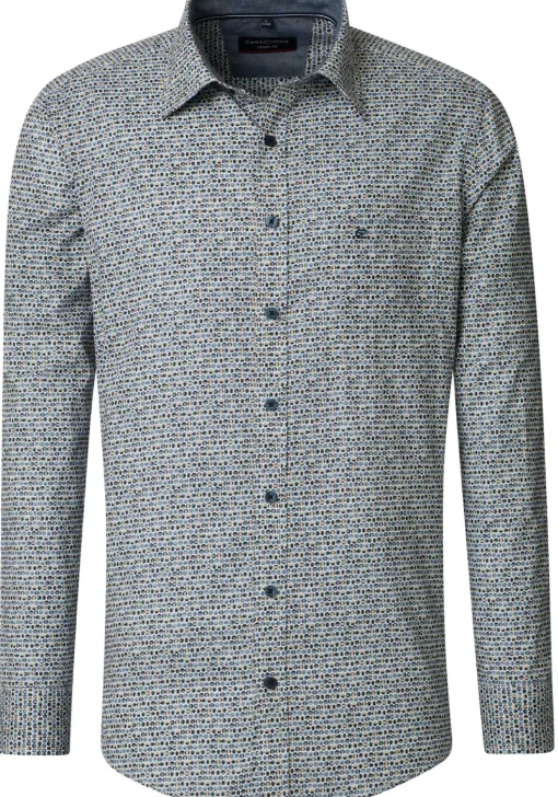 CASA MODA Sport casual fit overhemd, popeline, blauw met beige en wit dessin