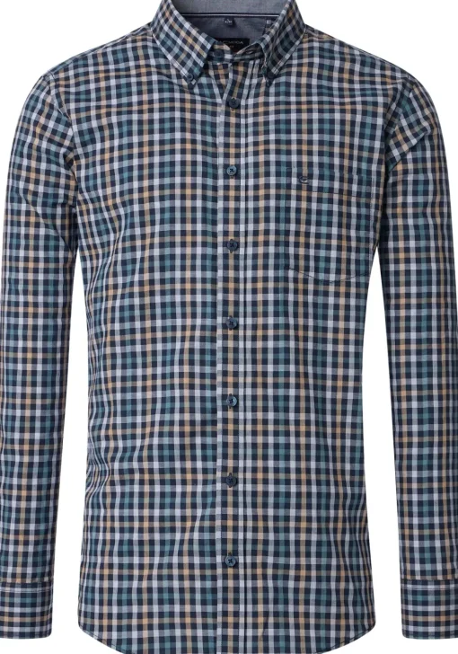 CASA MODA Sport casual fit overhemd, dobby, blauw, wit beige en aqua geruit
