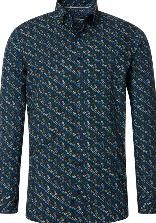 CASA MODA Sport casual fit overhemd, popeline, blauw met groen dessin