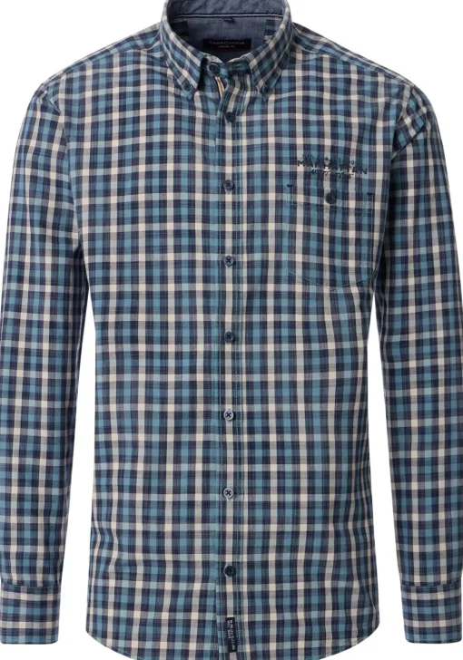 CASA MODA Sport casual fit overhemd, popeline, blauw met petrol en beige geruit