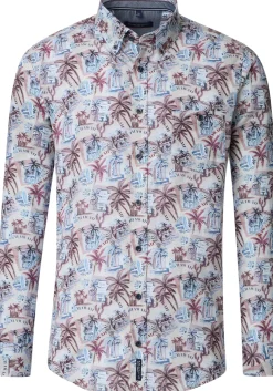 CASA MODA Sport casual fit overhemd, popeline, beige met blauw wit en donkerrood dessin