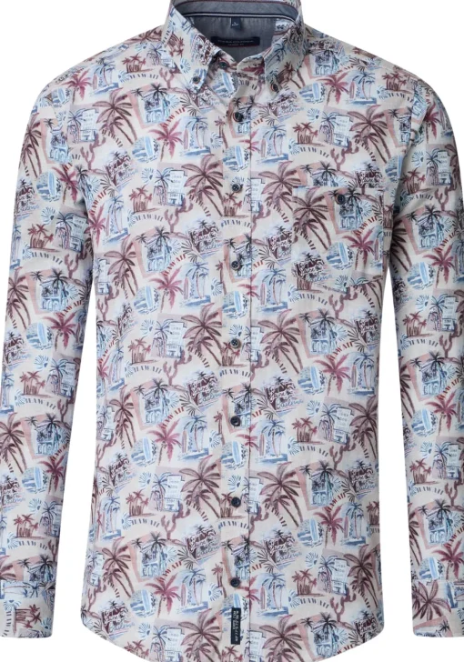 CASA MODA Sport casual fit overhemd, popeline, beige met blauw wit en donkerrood dessin