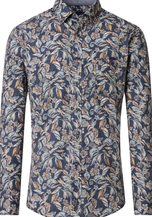 CASA MODA Sport casual fit overhemd, popeline, donkerblauw met beige bloemen dessin