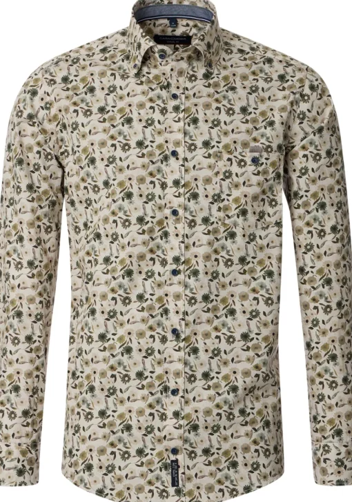 CASA MODA Sport casual fit overhemd, popeline, beige met groen dessin