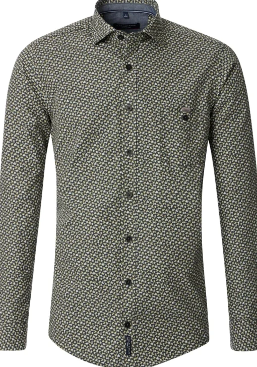 CASA MODA Sport casual fit overhemd, popeline, groen met beige en wit dessin