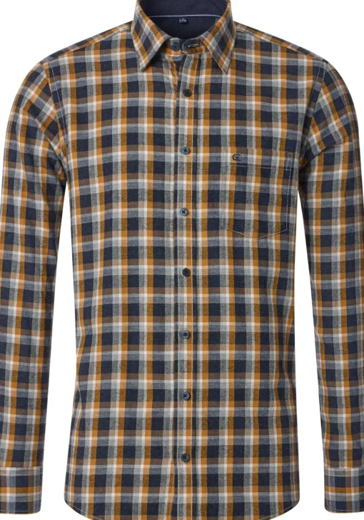 CASA MODA Sport casual fit overhemd, flanel, blauw met wit en oranje geruit