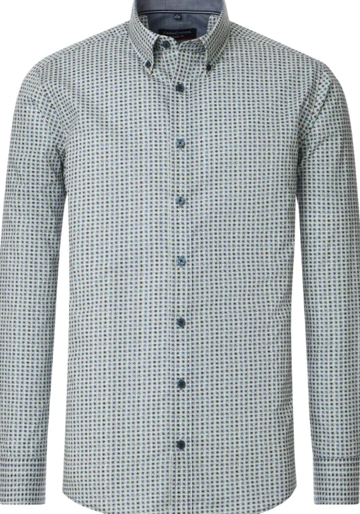CASA MODA Sport casual fit overhemd, popeline, groen met blauw, beige en wit dessin
