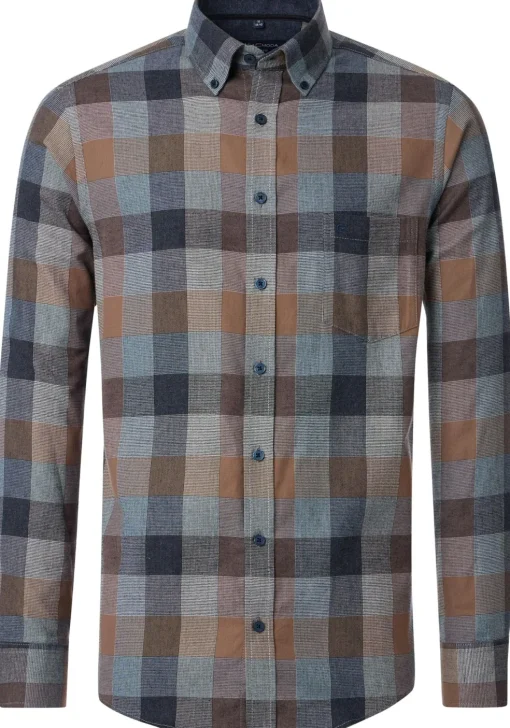 CASA MODA Sport casual fit overhemd, flanel, blauw, bruin, beige geruit