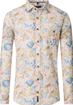 CASA MODA Sport casual fit overhemd, popeline, wit met beige, lichtblauw en roze dessin