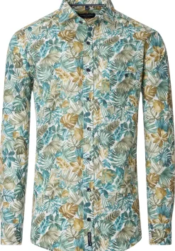 CASA MODA Sport casual fit overhemd, popeline, wit met groen en aqua bladeren dessin