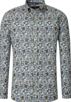 CASA MODA Sport casual fit overhemd, twill, blauw met groen, beige en wit dessin