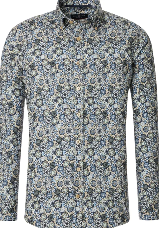 CASA MODA Sport casual fit overhemd, twill, blauw met groen, beige en wit dessin
