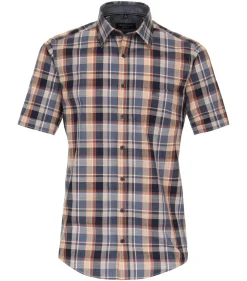 CASA MODA Sport casual fit overhemd, korte mouw, chambray, blauw met oranje geruit