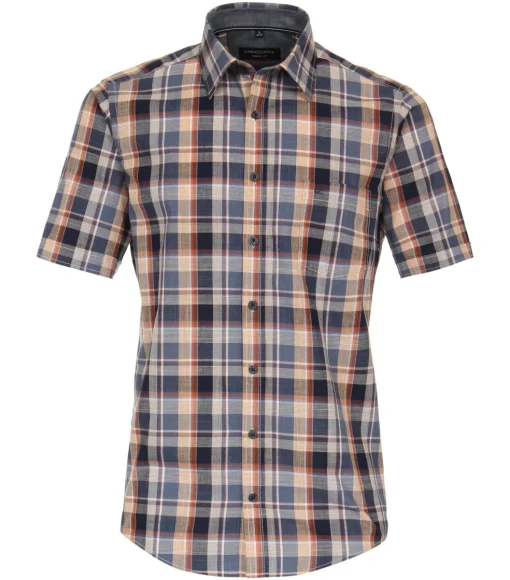 CASA MODA Sport casual fit overhemd, korte mouw, chambray, blauw met oranje geruit