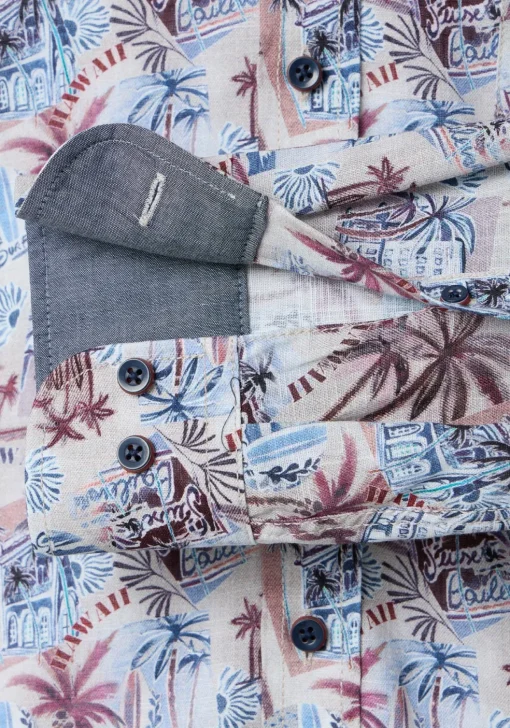 CASA MODA Sport casual fit overhemd, popeline, beige met blauw wit en donkerrood dessin
