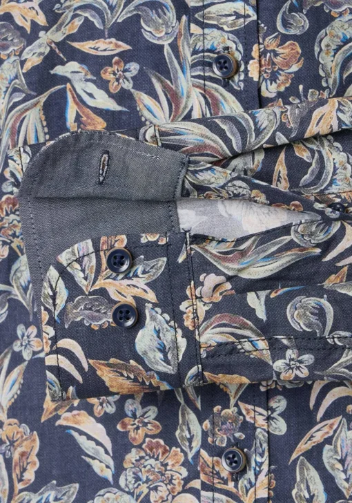 CASA MODA Sport casual fit overhemd, popeline, donkerblauw met beige bloemen dessin