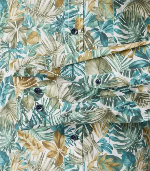 CASA MODA Sport casual fit overhemd, popeline, wit met groen en aqua bladeren dessin