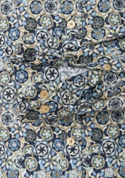 CASA MODA Sport casual fit overhemd, twill, blauw met groen, beige en wit dessin