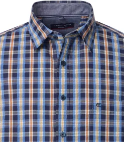 CASA MODA Sport casual fit overhemd, korte mouw, seersucker, blauw met oranje en wit geruit