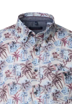 CASA MODA Sport casual fit overhemd, popeline, beige met blauw wit en donkerrood dessin