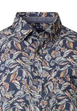 CASA MODA Sport casual fit overhemd, popeline, donkerblauw met beige bloemen dessin