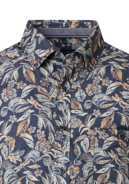 CASA MODA Sport casual fit overhemd, popeline, donkerblauw met beige bloemen dessin