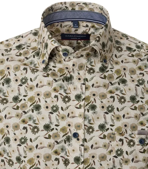 CASA MODA Sport casual fit overhemd, popeline, beige met groen dessin