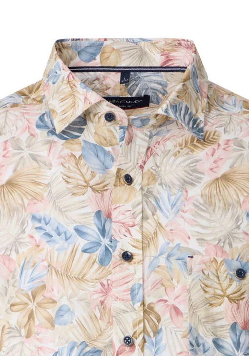 CASA MODA Sport casual fit overhemd, popeline, wit met beige, lichtblauw en roze dessin