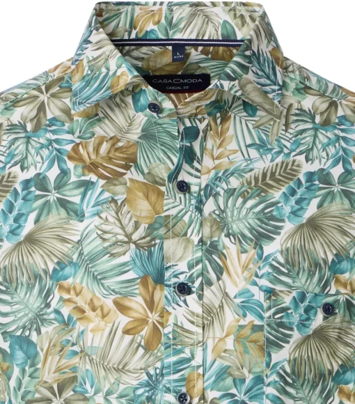 CASA MODA Sport casual fit overhemd, popeline, wit met groen en aqua bladeren dessin