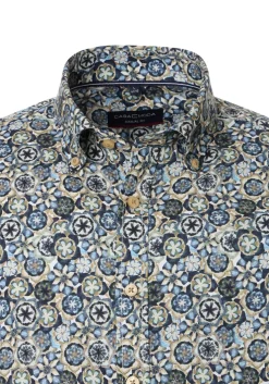 CASA MODA Sport casual fit overhemd, twill, blauw met groen, beige en wit dessin