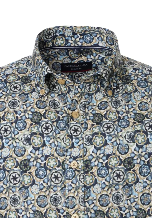 CASA MODA Sport casual fit overhemd, twill, blauw met groen, beige en wit dessin