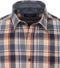 CASA MODA Sport casual fit overhemd, korte mouw, chambray, blauw met oranje geruit